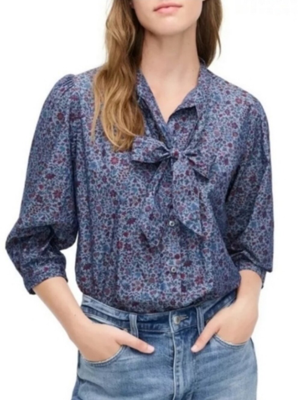 J. Crew Made With Liberty Fabric Colombo Chambray Tie Neck Button Up Size Small